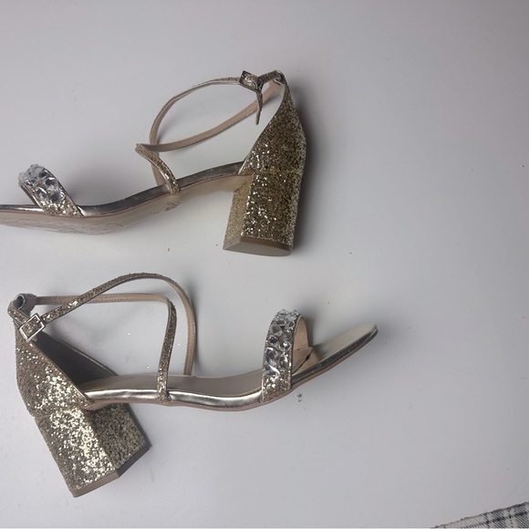 Jewel Badgley Mischka Gold Glittery Faux Jeweled Claudia Block Heeled Sandal 10 - Picture 6 of 16